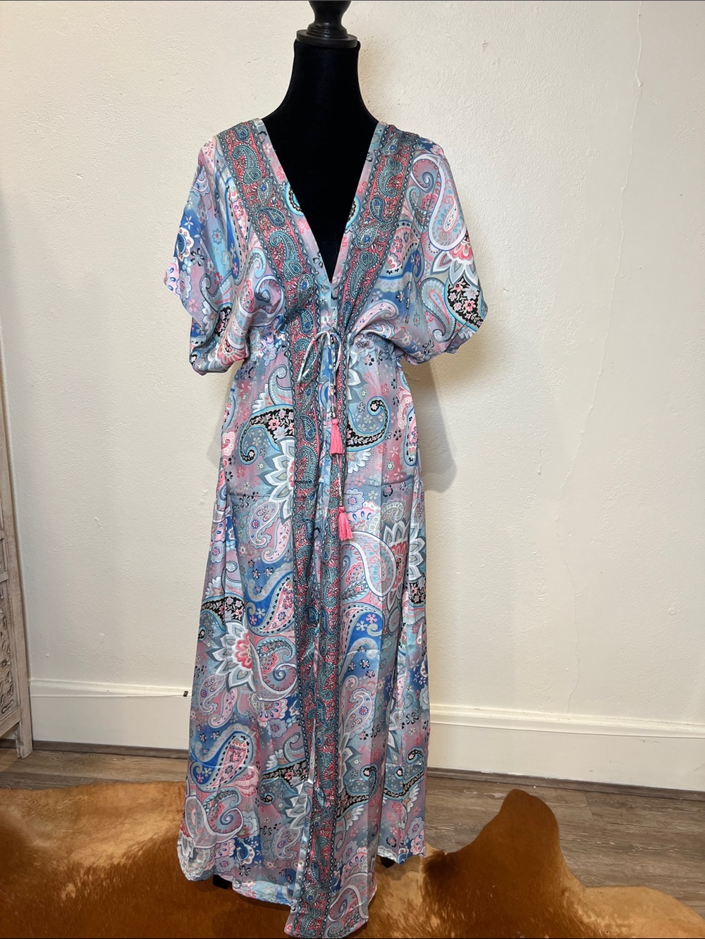 NWT Printed Paisley silk blend kimono Maxi Dress in Pink & Blue